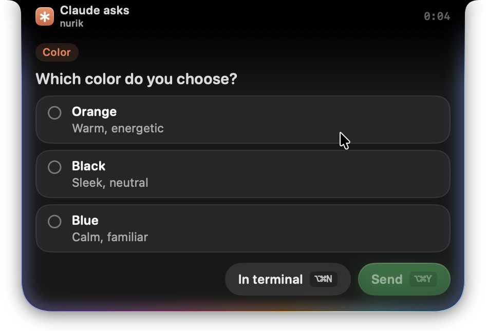 Claude asks a question in the notch: Which color do you choose? with three options and Send