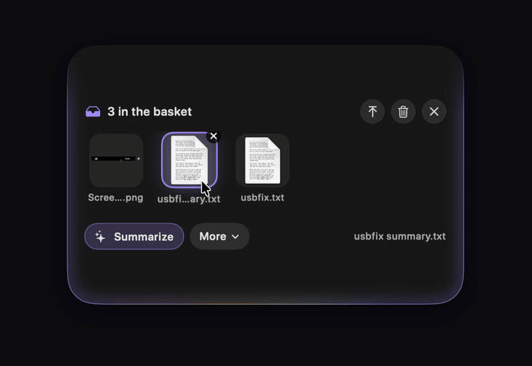 The basket holding three files with Summarize, image actions and the Convert menu
