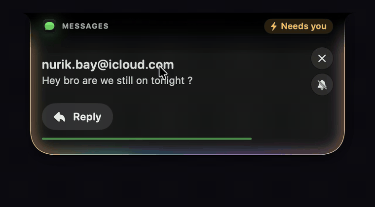 A Messages card in the notch, then Reply opens with three suggested replies and a field