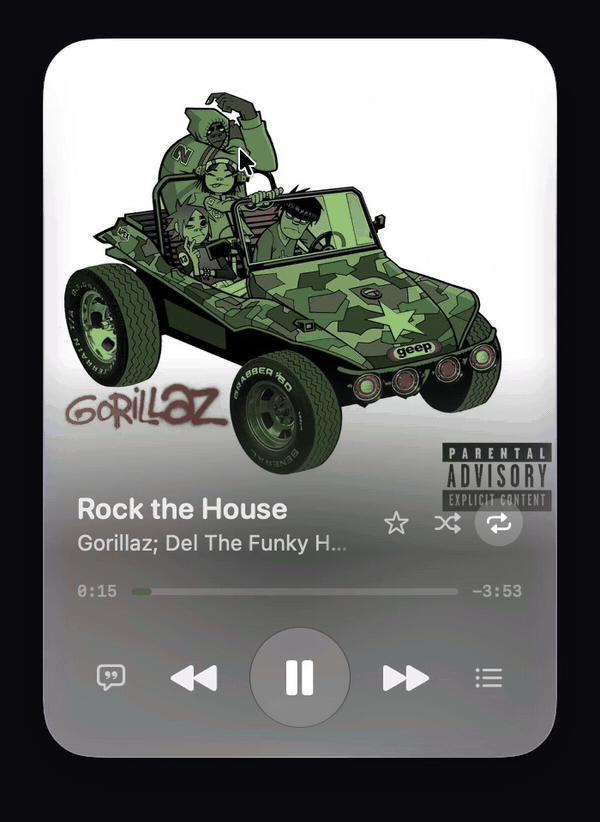 The floating player growing from small to large, then showing lyrics and the album songs