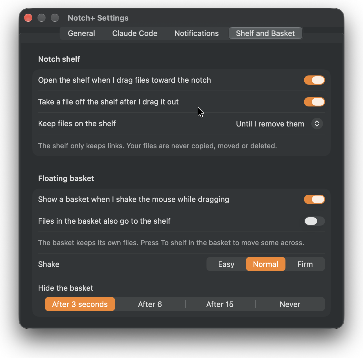 Settings: Shelf and Basket