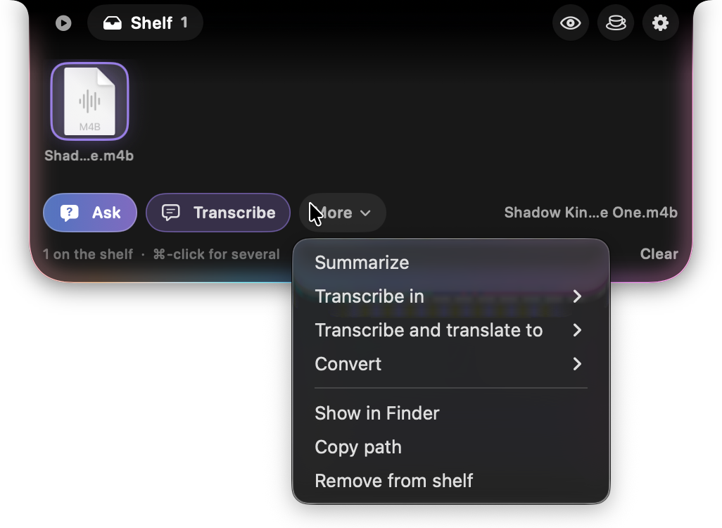 The shelf holding an audio file, with Ask and Transcribe and its menu